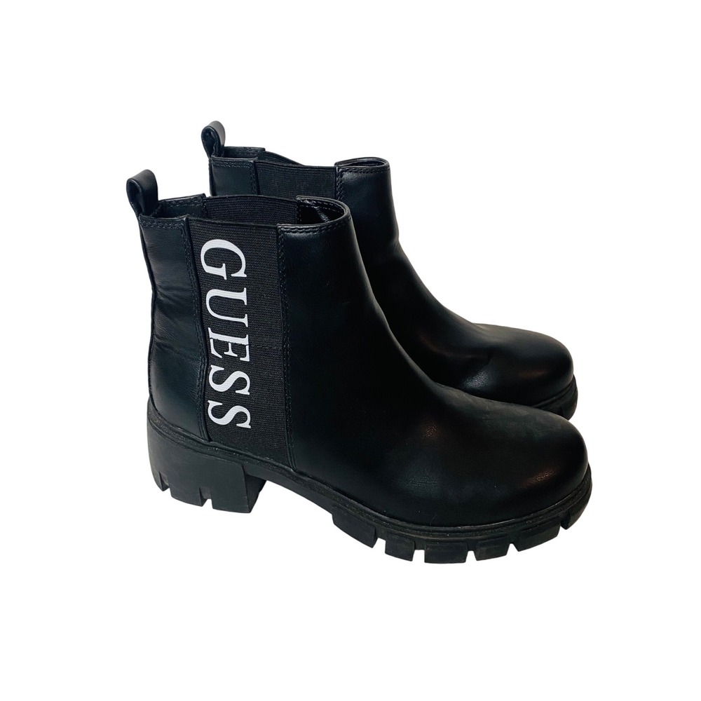Guess Womens Black‎ Lug Sole Chelsea Ankle Boots Logo Goring Chunky Heel Sz 8.5